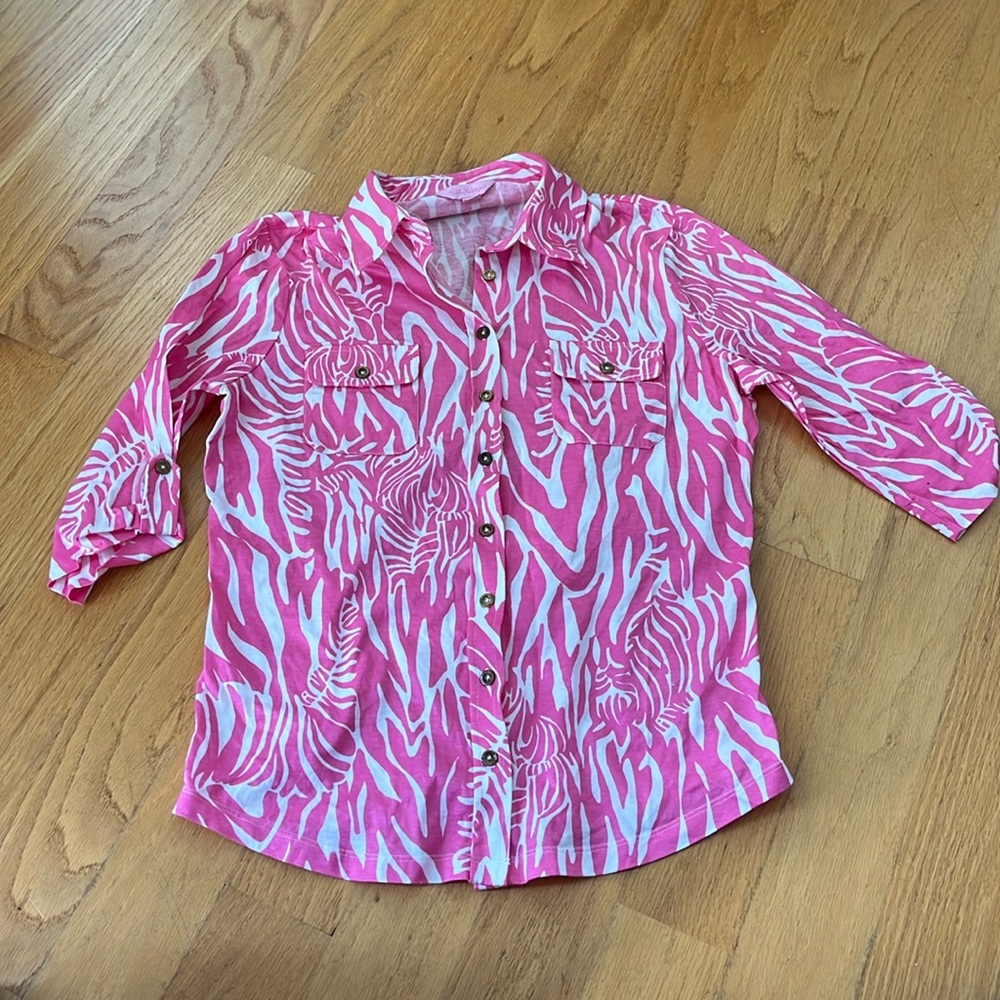 Lilly Pulitzer Catching Zz's Zebra Pink White Sz M button up shirt